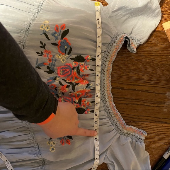 FREE PEOPLE ~ Powder Blue Sunbeam Embroidered Off The Shoulder Dress Smocking - Picture 9 of 10